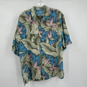Men Tropical Hawaiian Silk Shirt Size M Blue Palm Leaf Island Aloha Resort Beach
